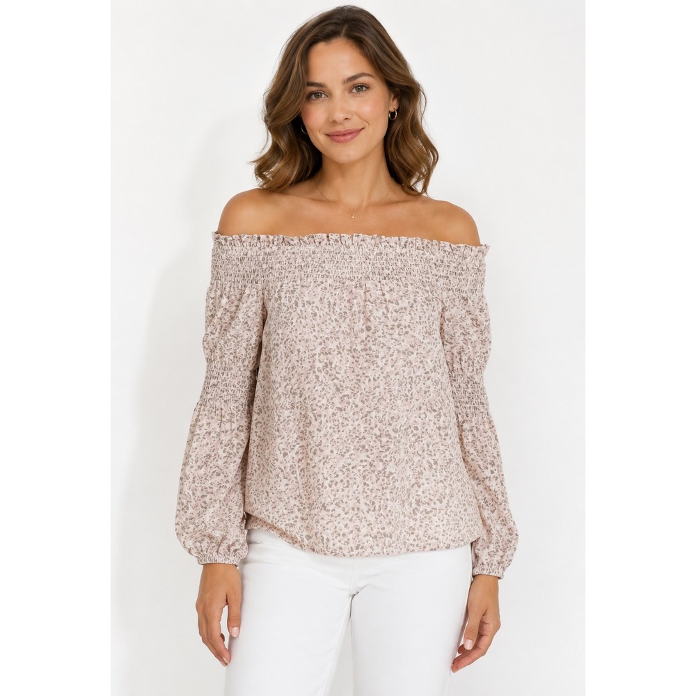 L'AGENCE Mona Off Shoulder Silk Blouse Womens XS Tall Pink Leopard Smocked‎ Top